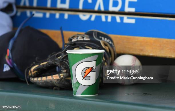 Detailed view of a Gatorade cup sitting in the dugout during the game between the Detroit Tigers and the Chicago White Sox at Comerica Park on May...