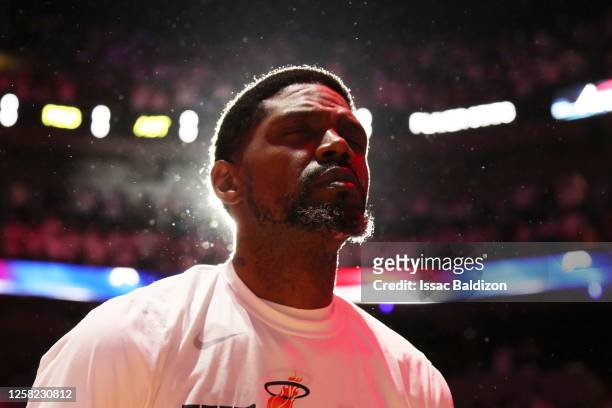 Udonis Haslem of the Miami Heat looks on before round 3 game 6 of the Eastern Conference finals 2023 NBA Playoffs against the Boston Celtics on May...