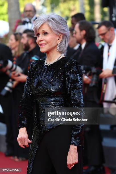 Jane Fonda attends the "Elemental" screening and closing ceremony red carpet during the 76th annual Cannes film festival at Palais des Festivals on...