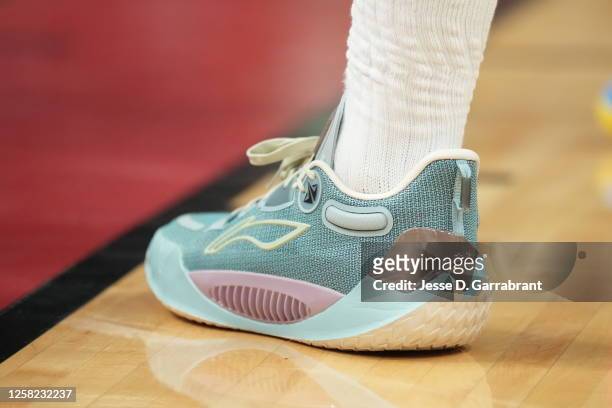 The sneakers worn by Jimmy Butler of the Miami Heat during Game Six of the Eastern Conference Finals against the Boston Celtics on May 27, 2023 at...