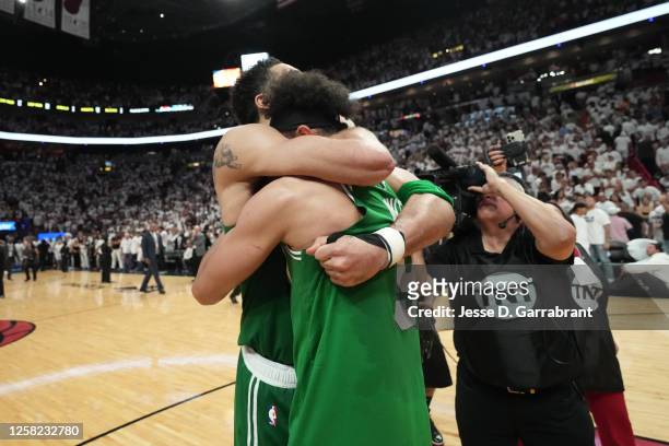 Jayson Tatum and Derrick White of the Boston Celtics after Game Six of the Eastern Conference Finals against the Miami Heat on May 27, 2023 at the...