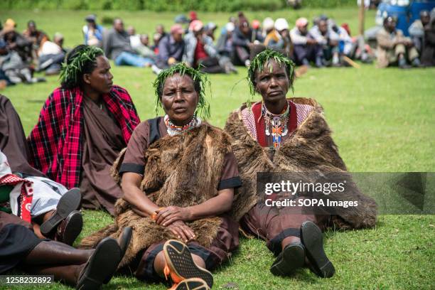 Ogiek women follow proceedings during their celebrations of the ruling made by The African Court of Human and Peoples Rights in Arusha, Tanzania on...