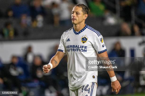 Javier Hernández of Los Angeles Galaxy leaves the field after receiving a red card during the game against Charlotte FC at Dignity Health Sports Park...