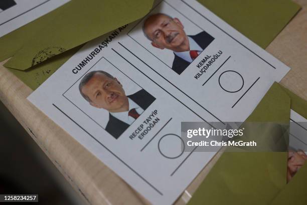 Ballot slip with incumbent Turkish President Recep Tayyip Erdogan and opposition candidate Kemal Kilicdaroglu is seen at a polling station during the...