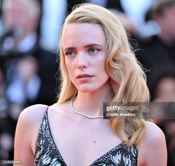 British actress Stacy Martin arrives for the Closing Ceremony and the screening of the film "Elemental" during the 76th Cannes Film Festival at...