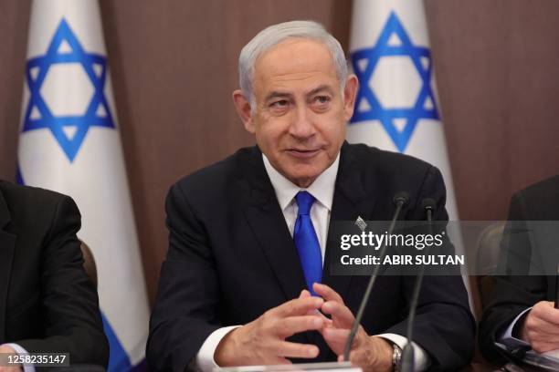 Israeli Prime Minister Benjamin Netanyahu attends the weekly cabinet meeting in his office in Jerusalem, on May 28, 2023.