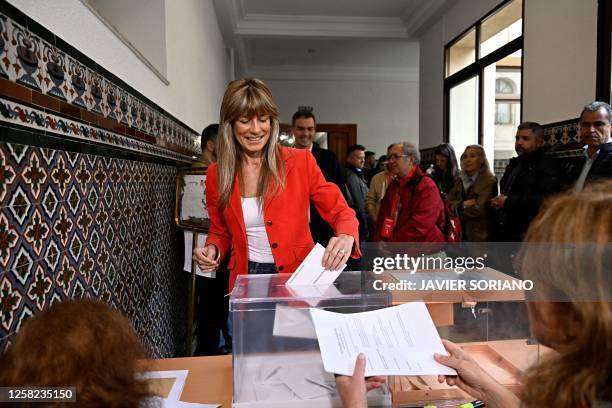 Begona Gomez wife of Spain's Prime minister Pedro Sanchez of Socialist Party casts her ballot in Madrid on May 28, 2023 during local and regional...