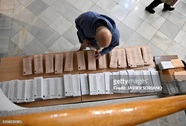 Voter prepares to vote at a polling station in Madrid on May 28, 2023 during local and regional polls. Spain's local and regional elections results...