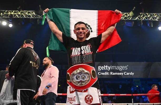 Belfast , United Kingdom - 27 May 2023; Luis Alberto Lopez celebrates defeating Michael Conlan in their IBF Featherweight World Title bout at the SSE...