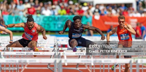 Devon Williams of United States, Makenson Gletty of Estland, Sven Roosen of Netherlands compete during the 110m hurdles of the Hypo Athletics Meeting...