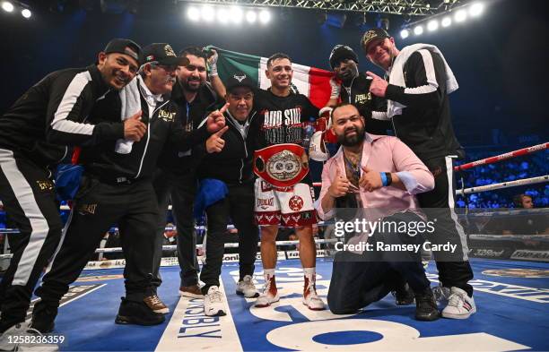 Belfast , United Kingdom - 27 May 2023; Luis Alberto Lopez and his team celebrate defeating Michael Conlan in their IBF Featherweight World Title...