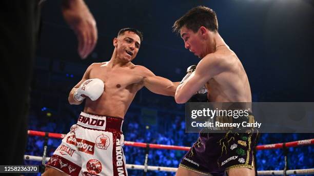 Belfast , United Kingdom - 27 May 2023; Luis Alberto Lopez, left, in action against Michael Conlan during their IBF Featherweight World Title bout at...