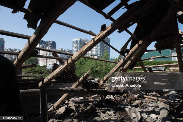 View of a destroyed building after the Russian drone attack in Kyiv, Ukraine on May 28, 2023. One person was killed. Out of 54 drones, 52 were shot...