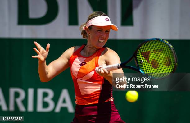 Storm Hunter of Australia in action against Nuria Parrizas Diaz of Spain in her first round match on Day One of Roland Garros on May 28, 2023 in...