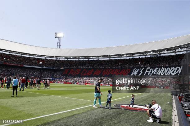 Supporters of Feyenoord with a banner during the Dutch premier league match between Feyenoord and Vitesse at Feyenoord Stadion de Kuip on May 28,...