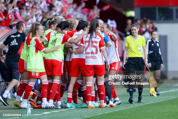 Saki Kumagai of Bayern Muenchen celebrates after scoring her team's third goal with teammates during the FLYERALARM Women's National League match...