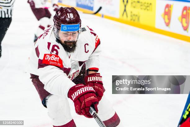 Kaspars Daugavins of Latvia in action during the 2023 IIHF Ice Hockey World Championship Finland - Latvia game between USA and Latvia at Nokia Arena...