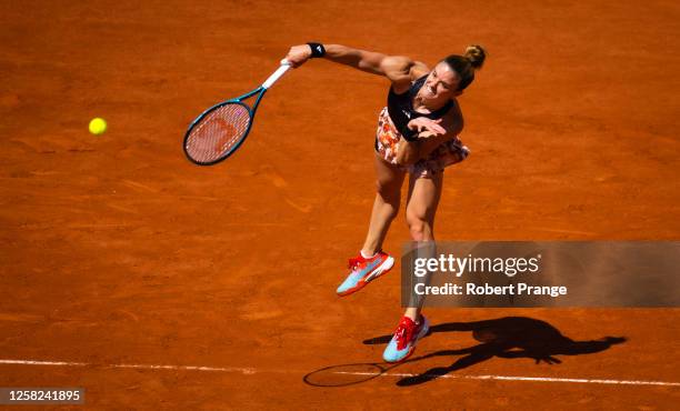 Maria Sakkari of Greece in action against Karolina Muchova of the Czech Republic in her first round match on Day One of Roland Garros on May 28, 2023...