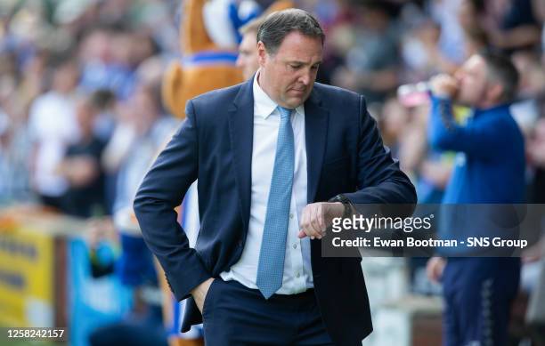Ross County manager Malky Mackay checks his watch during a cinch Premiership match between Kilmarnock and Ross County at Rugby Park, on May 28 in...