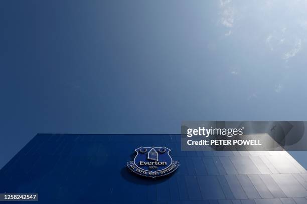 Picture shows the Everton crest on the facade of Goodison Park before the start of the English Premier League football match between Everton and...