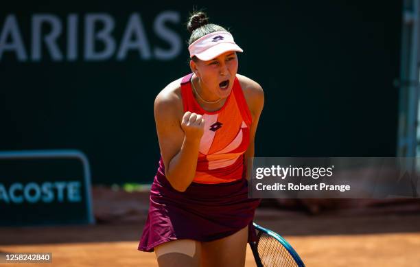 Kamilla Rakhimova in action against Sara Bejlek of the Czech Republic in her first round match on Day One of Roland Garros on May 28, 2023 in Paris,...