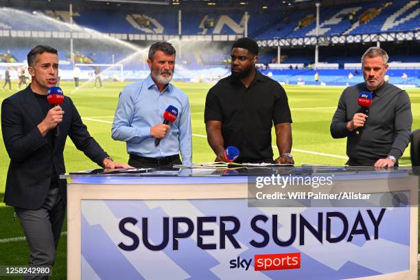 David Jones, Roy Keane, Micah Richards and Jamie Carragher Sky Sports Presenters and pundits before the Premier League match between Everton FC and...