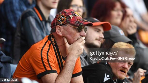 Dundee Utd fans are dejected during a cinch Premiership match between Motherwell and Dundee United at Fir Park, on May 28 in Motherwell, Scotland.