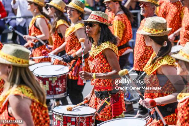 Drummers perform during the annual Carnival of Cultures parade on May 28, 2023 in Berlin, Germany. The parade, one of Berlin's biggest annual street...