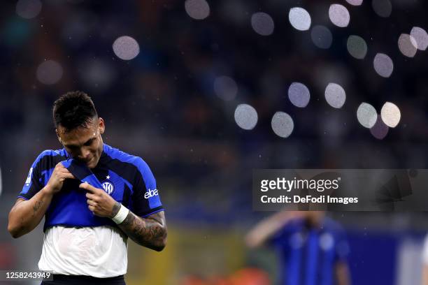 Lautaro Martinez of FC Internazionale looks on during the Serie A match between FC Internazionale and Atalanta BC at Stadio Giuseppe Meazza on May...