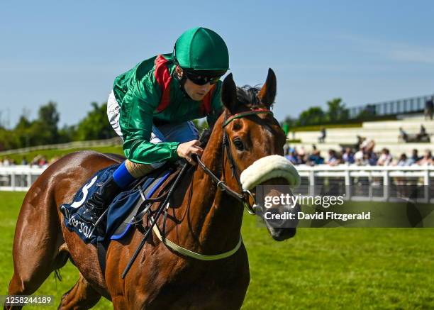 Kildare , Ireland - 28 May 2023; Tahiyra, with Chris Hayes up, cross the line to win the Tattersalls Irish 1,000 Guineas during the Tattersalls Irish...