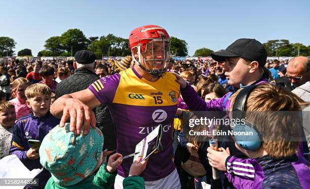 Wexford , Ireland - 28 May 2023; Lee Chin of Wexford celebrates with supporters after the Leinster GAA Hurling Senior Championship Round 5 match...