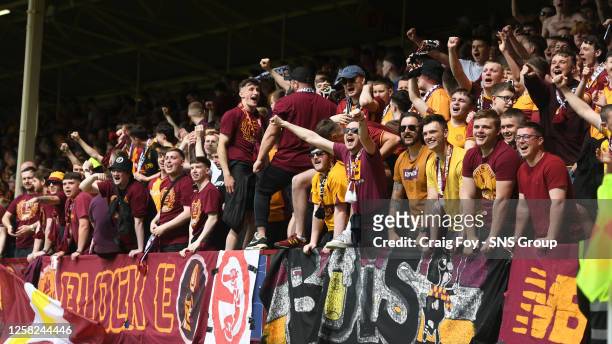 Motherwell fans during a cinch Premiership match between Motherwell and Dundee United at Fir Park, on May 28 in Motherwell, Scotland.