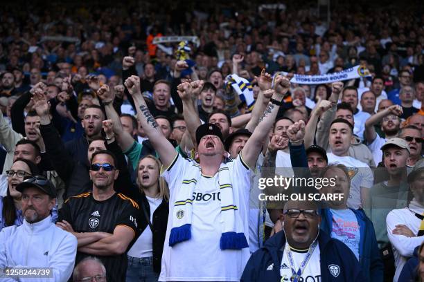 Leeds fans cheer on their team ahead of kick-off in the English Premier League football match between Leeds United and Tottenham Hotspur at Elland...