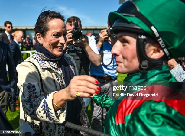 Kildare , Ireland - 28 May 2023; Jockey Chris Hayes is congratulated by Princess Zahra Aga Khan after winning the Tattersalls Irish 1,000 Guineas on...