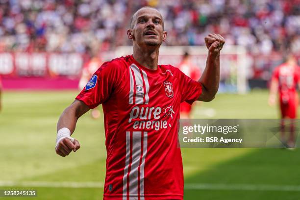 Vaclav Cerny of FC Twente celebrates the third goal during the Eredivisie match between FC Twente and Ajax at Grolsch Veste on May 28, 2023 in...