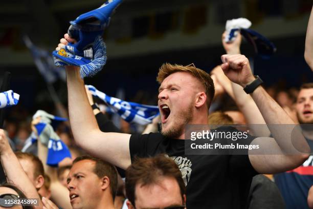 Fans of Leicester City during the Premier League match between Leicester City and West Ham United at King Power Stadium on May 28, 2023 in Leicester,...