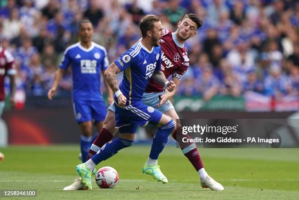 West Ham United's Declan Rice and Leicester City's James Maddison battle for the ball during the Premier League match at King Power Stadium,...