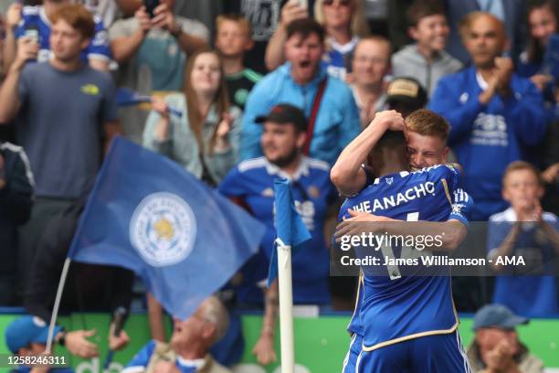 Harvey Barnes of Leicester City celebrates after scoring a goal to make it 1-0 during the Premier League match between Leicester City and West Ham...