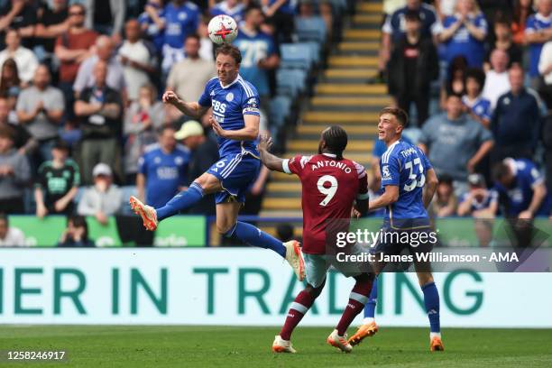 Jonny Evans of Leicester City during the Premier League match between Leicester City and West Ham United at The King Power Stadium on May 28, 2023 in...