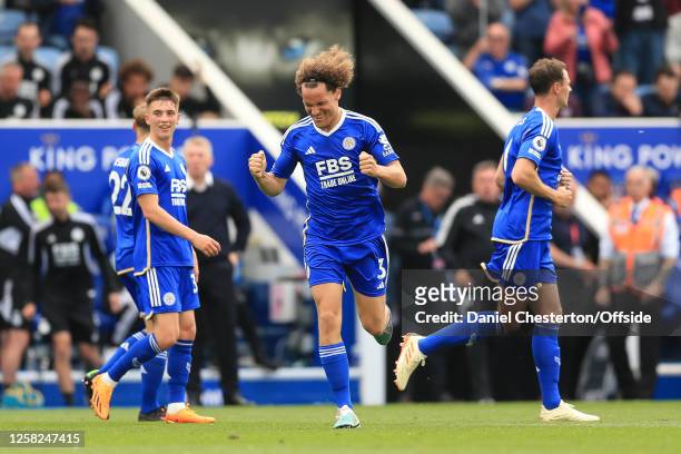 Wout Faes of Leicester City celebrates after scoring their second goal to make the score 2-0 during the Premier League match between Leicester City...