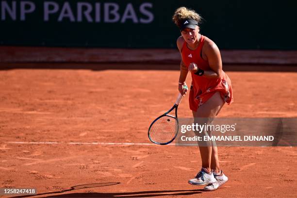 France's Leolia Jeanjean reacts after a point to Australia's Kimberly Birrell during their women's singles match on day one of the Roland-Garros Open...