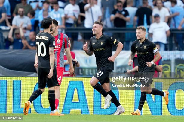 Sergej Milinkovic-Savic of SS Lazio celebrates after scoring second goal during the Serie A match between SS Lazio and US Cremonese at Stadio...