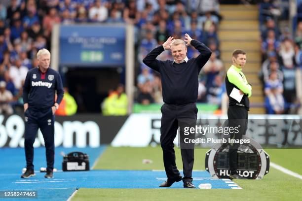 Leicester City Manager Dean Smith during the Premier League match between Leicester City and West Ham United at King Power Stadium on May 28, 2023 in...