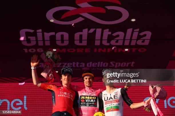 Overall winner Jumbo-Visma's Slovenian rider Primoz Roglic celebrates on the podium after winning the Giro d'Italia 2023 cycling race in Rome on May...