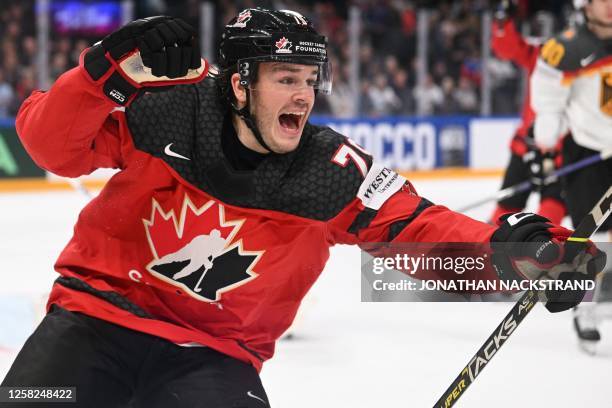 Canada's forward Sammy Blais celebrates scoring the 1-1 goal during the IIHF Ice Hockey Men's World Championships final match betweeen Canada and...