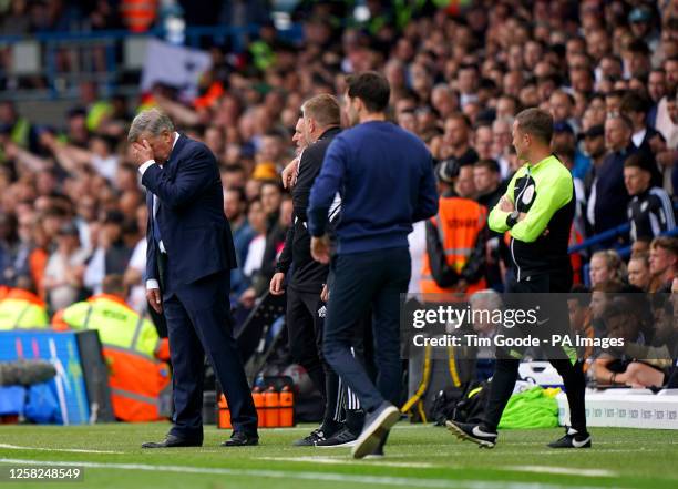 Leeds United manager Sam Allardyce appears dejected during the Premier League match at Elland Road, Leeds. Picture date: Sunday May 28, 2023.