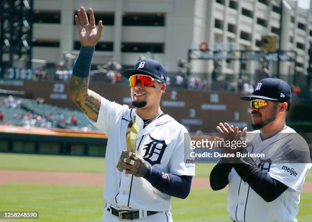 Javier Baez of the Detroit Tigers acknowledges the crowd after being presented with a 2023 World Baseball Classic All World Team trophy for second...