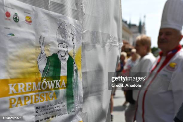 Preparations for the instalation of the 103-metre 'Papal Kremowka' cake divided into 14,000 portions outside the church of St. Cross in Rzeszow,...