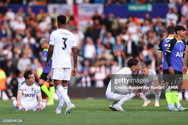 Dejected players of Leeds United after being relegated during the Premier League match between Leeds United and Tottenham Hotspur at Elland Road on...