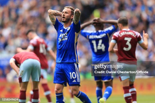 James Maddison of Leicester City looks dejected after a missed chance during the Premier League match between Leicester City and West Ham United at...